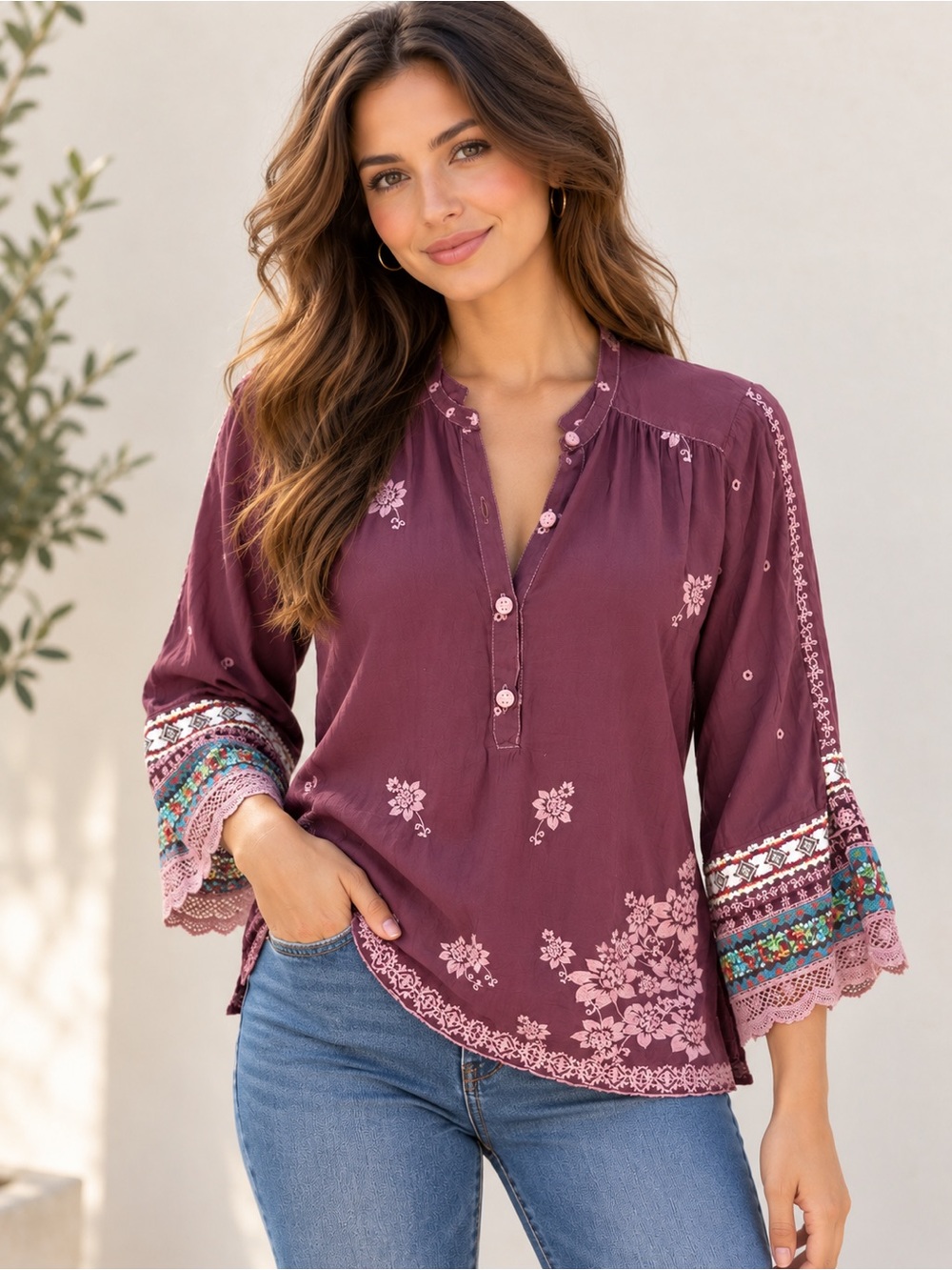 Johnny Was Plum Embroidered Tunic Top XS Boho Floral Lace Trim